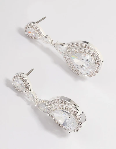 Silver Plated Cubic Zirconia Marquise Drop Earrings