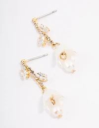Gold Plated Freshwater Pearl Cubic Zirconia Tulip Drop Earrings