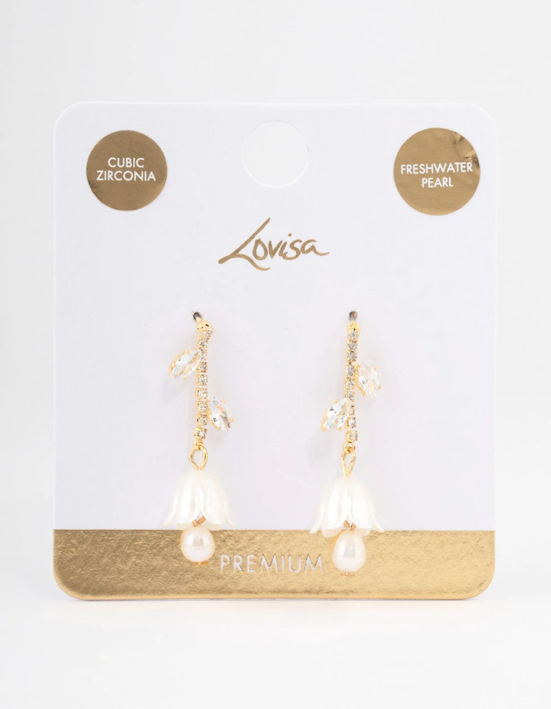 Gold Plated Freshwater Pearl Cubic Zirconia Tulip Drop Earrings