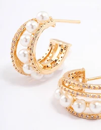 Gold Plated Cubic Zirconia Pearl Layered Small Earrings