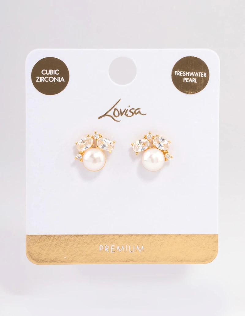 Gold Plated Cubic Zirconia Freshwater Pearl Stud Earrings