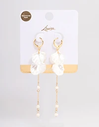 Gold Plated Large Petal Freshwater Pearl Drop Huggie Earrings