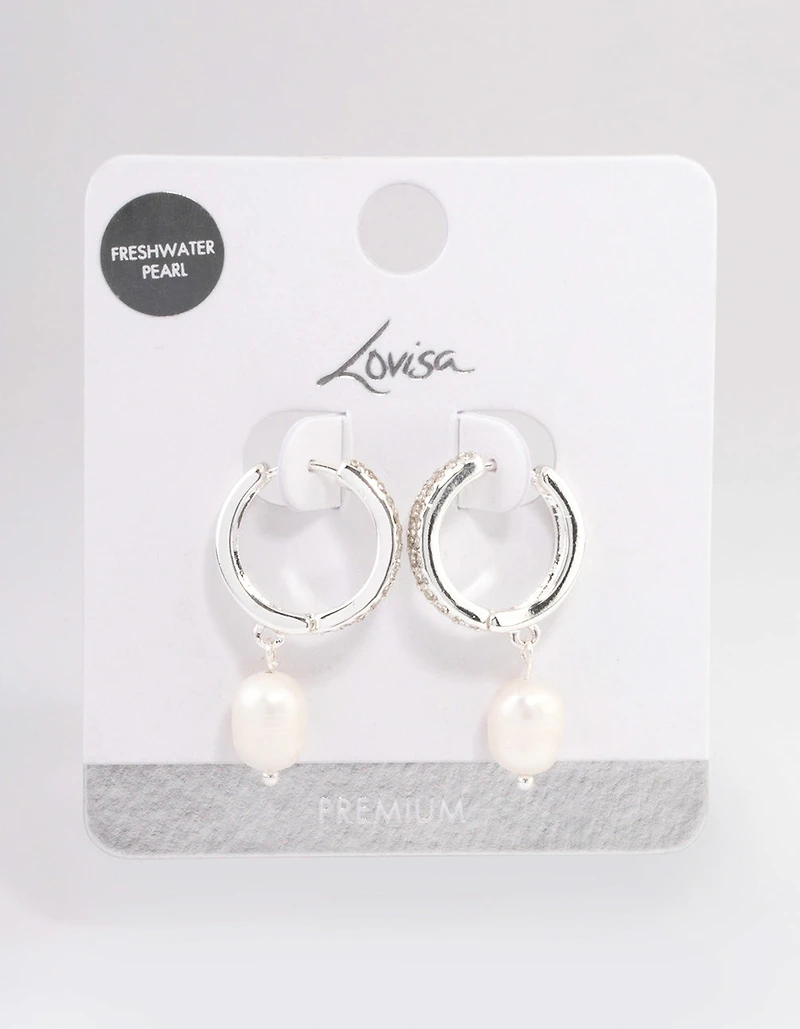 Silver Plated Freshwater Pearl Drop Cubic Zirconia Medium Huggie Earrings
