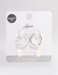 Silver Plated Freshwater Pearl Drop Cubic Zirconia Medium Huggie Earrings