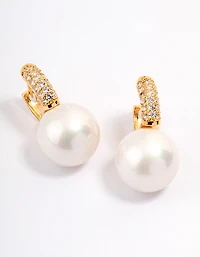 Gold Plated Large Pearl Drop Cubic Zirconia Huggie Earrings