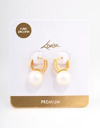 Gold Plated Large Pearl Drop Cubic Zirconia Huggie Earrings