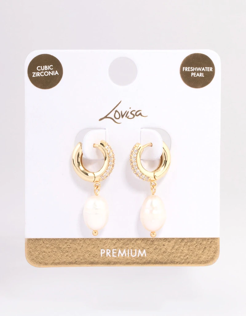 Gold Plated Freshwater Pearl Thick Huggie Earrings
