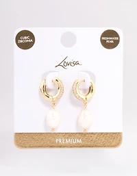 Gold Plated Freshwater Pearl Thick Huggie Earrings