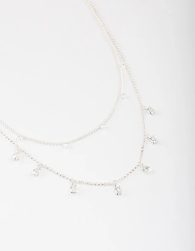 Silver Plated Dainty Cubic Zirconia Drop Layered Necklace