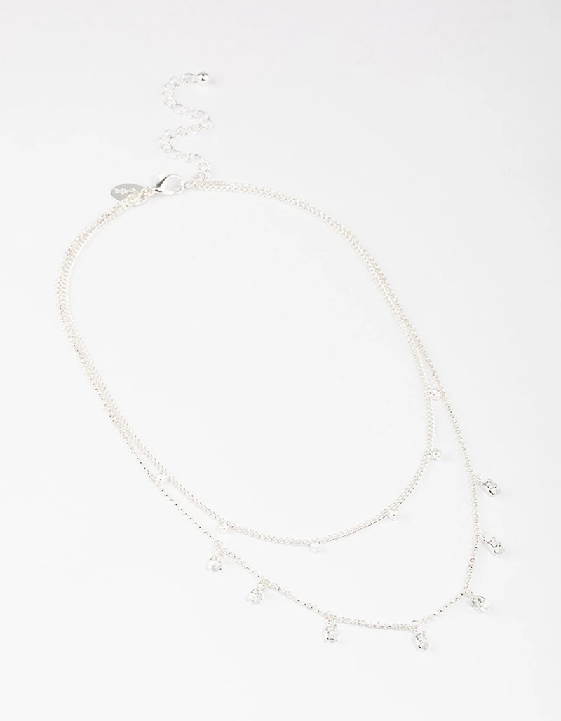 Silver Plated Dainty Cubic Zirconia Drop Layered Necklace