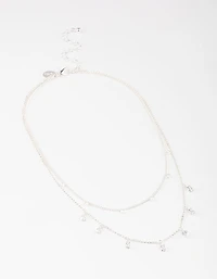 Silver Plated Dainty Cubic Zirconia Drop Layered Necklace