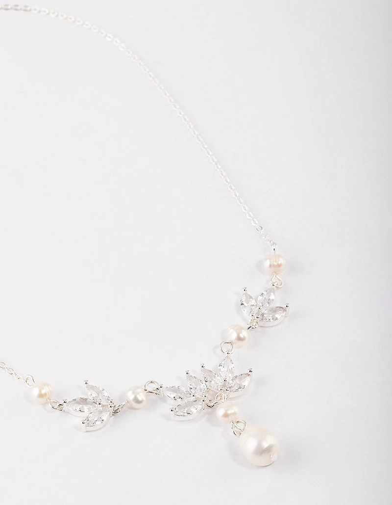 Collier en Y de perles d’eau douce en feuille de zircone plaqué argent