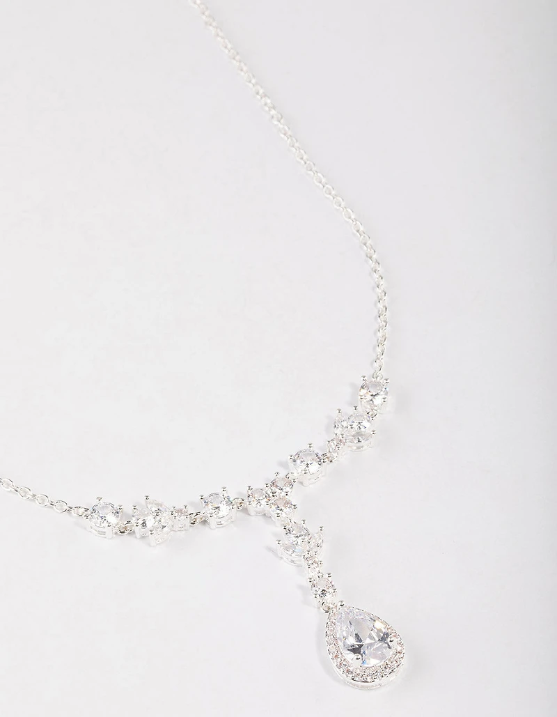 Silver Plated Halo Cubic Zirconia Y-Necklace