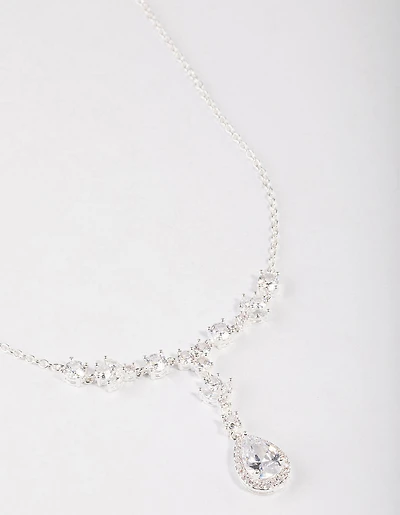 Silver Plated Halo Cubic Zirconia Y-Necklace