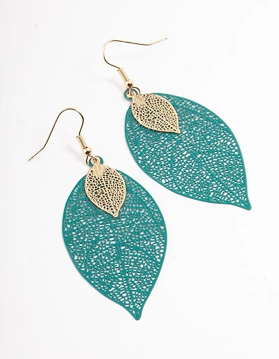 Boucles d’oreilles vertes à double feuille tombantes