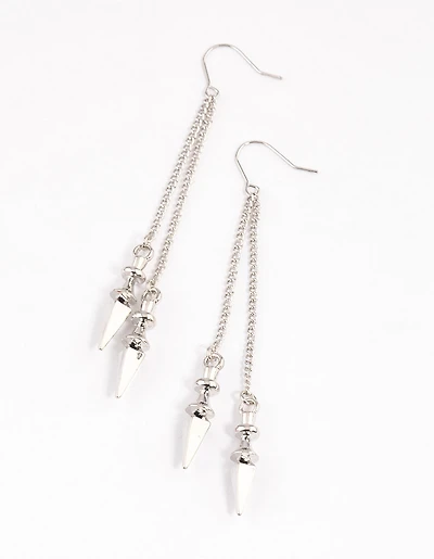 Silver Double Row Chain Spike Drop Earrings