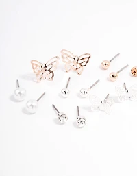 Rose Gold Basic Stud & Butterfly Earrings 8-Pack