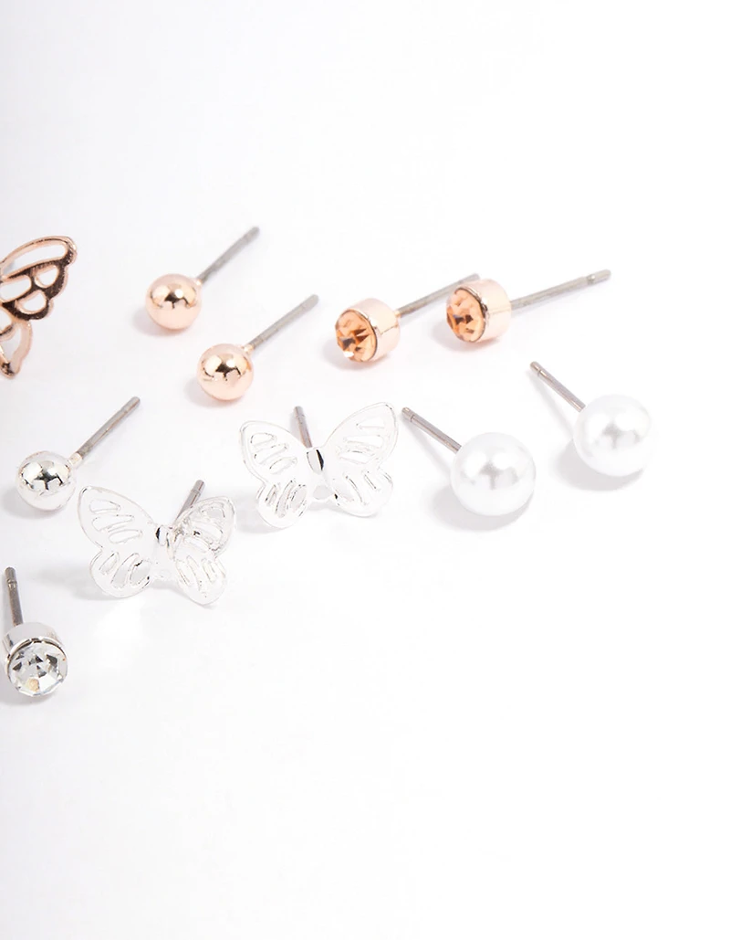 Rose Gold Basic Stud & Butterfly Earrings 8-Pack