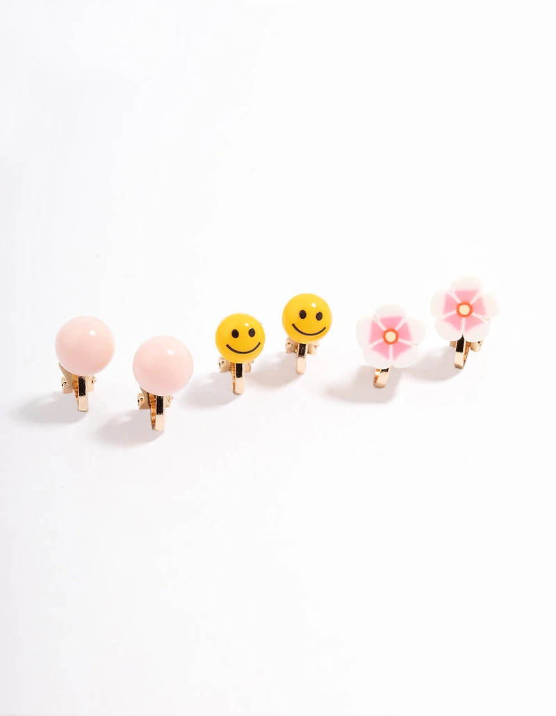 Gold Smile & Flower Earrings 5-Pack
