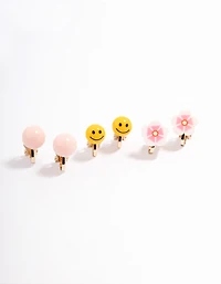 Gold Smile & Flower Earrings 5-Pack