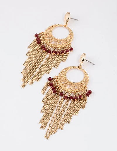 Gold Red Beaded Tassel Drop Chandbali Earrings
