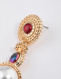 Gold Mixed Jewel Pearl Drop Earrings