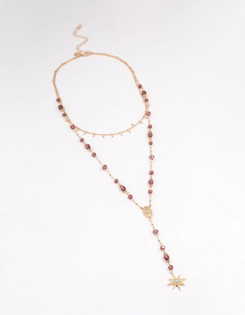 Gold Beaded Double Row Evil & Star Necklace