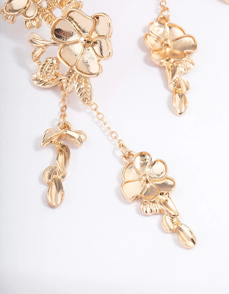 Gold Graduated Flower Tassel Cuff Earrings