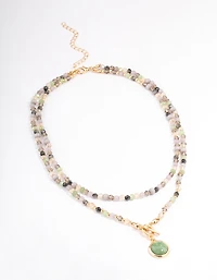 Gold Double Row Circle Stone Pendant Necklace
