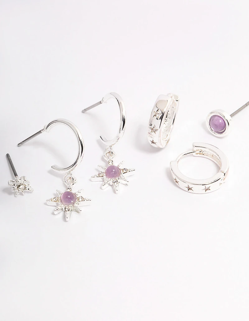 Silver Amethyst Starburst Stacker Earrings