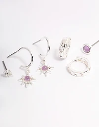Silver Amethyst Starburst Stacker Earrings