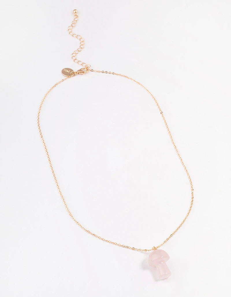 Gold Rose Quartz Moon & Mushroom Pendant Necklace