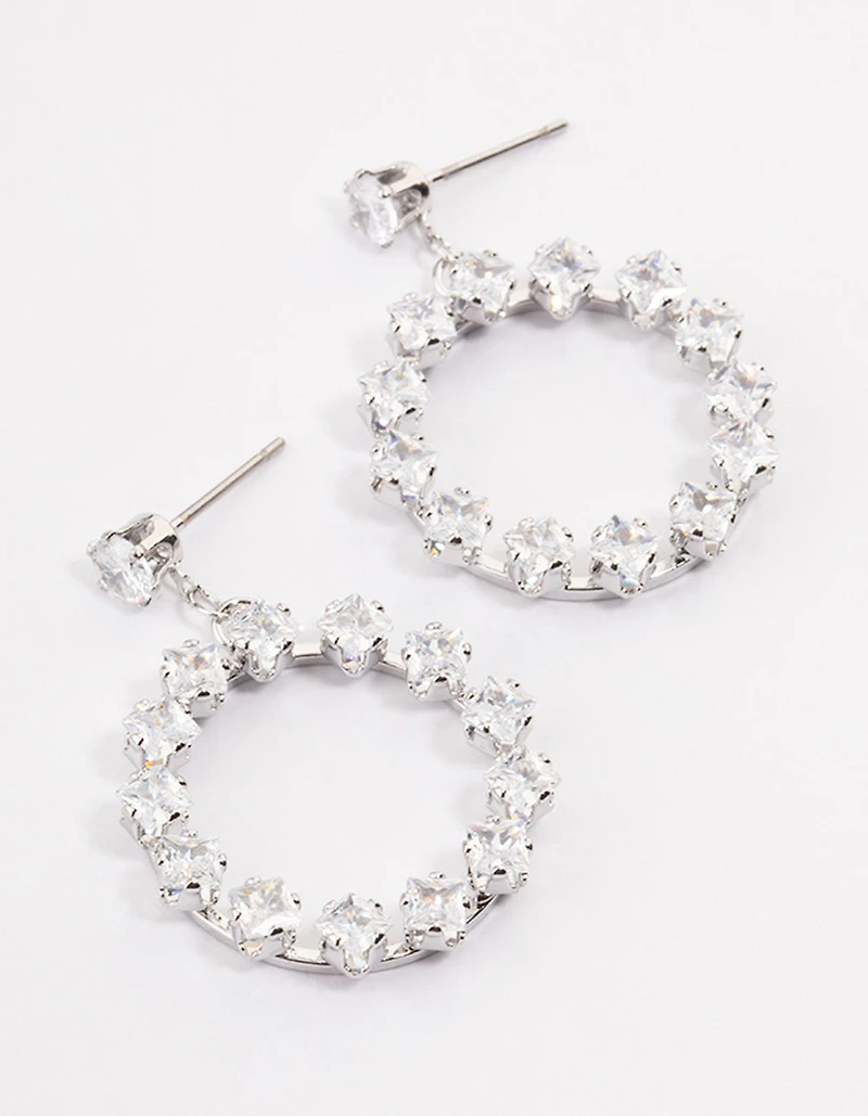 Silver Square Stone Wreath Drop Earrings