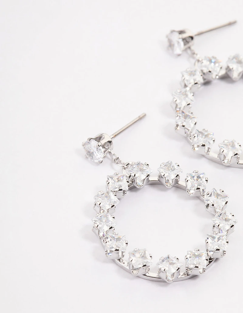 Silver Square Stone Wreath Drop Earrings