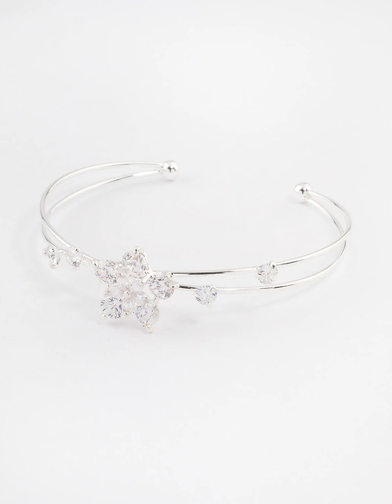 Silver Cubic Zirconia Flower Cross Over Cuff Bangle