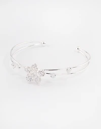 Silver Cubic Zirconia Flower Cross Over Cuff Bangle