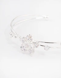 Silver Cubic Zirconia Flower Cross Over Cuff Bangle