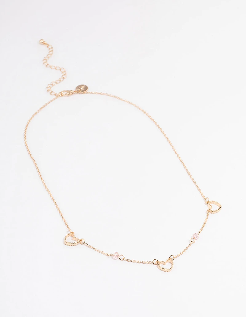 Gold Open Heart & Beaded Station Necklace