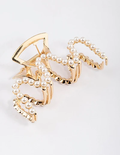 Gold Pearl Wavy Claw Clip