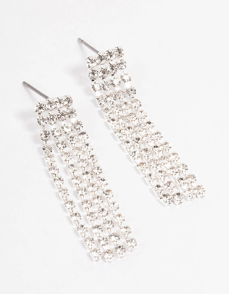 Silver Four Diamante Cup Chain Drop Earrings
