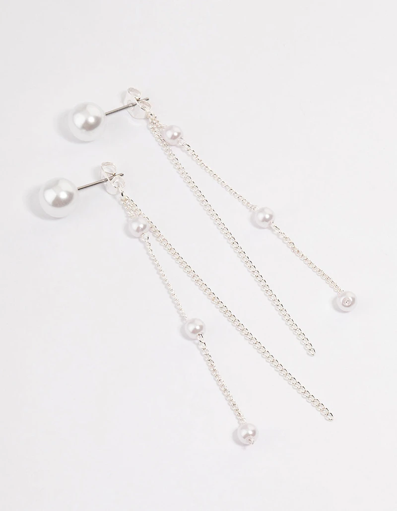 Silver Pearl Cup Chain Sandwich Drop Earrings