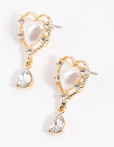 Gold Ornate Diamante & Heart Drop Earrings