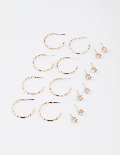 Gold Classic Diamante & Hoop Earrings 8-Pack