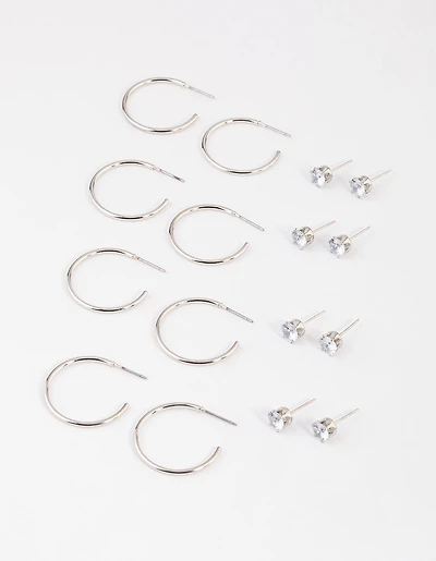 Silver Classic Diamante & Hoop Earrings 8-Pack