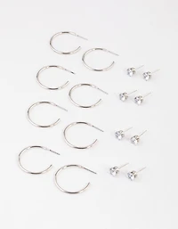 Silver Classic Diamante & Hoop Earrings 8-Pack