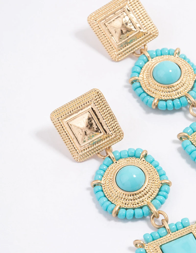 Gold Beaded Square Drop Earrings