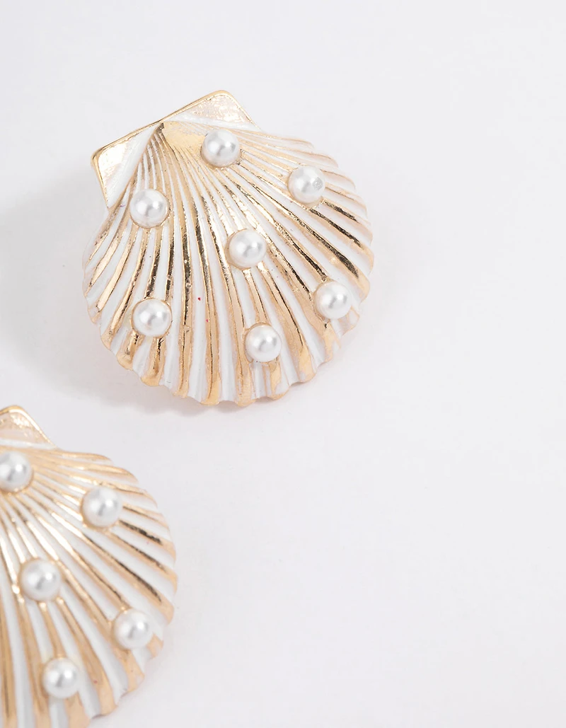 Gold Shell Pearl Stud Earrings