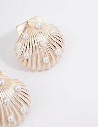 Gold Shell Pearl Stud Earrings