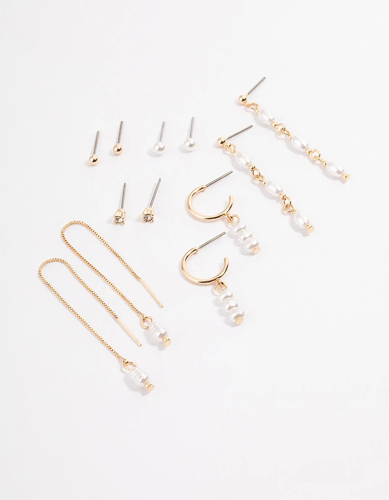 Gold Pearl Threader Multi-Pack Earrings