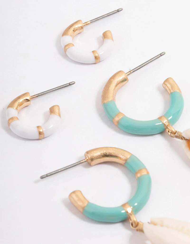 Gold Enamel Shell Hoop Earring Pack
